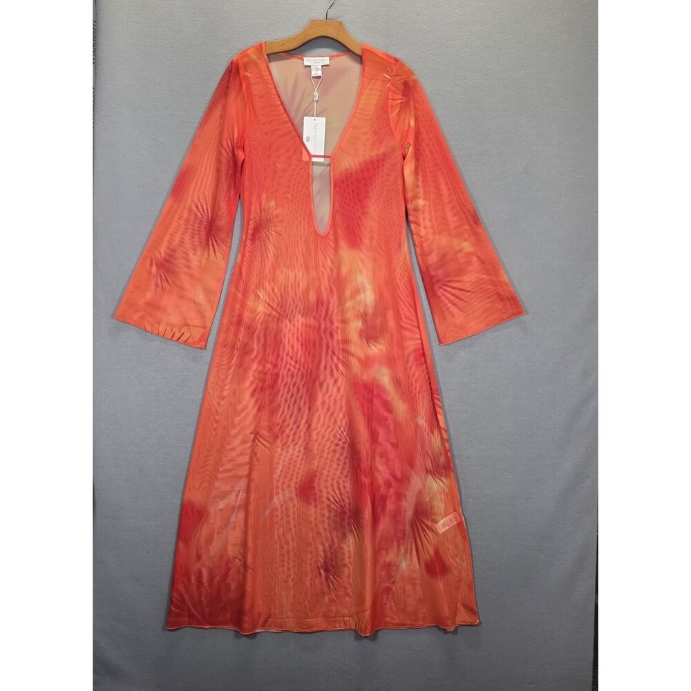 CAROLINE CONSTAS Mesh Midi Dress Cover Up M Orange with Red & Yellow Tie‑Dye New - Picture 4 of 13